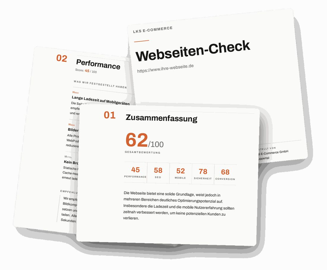Beispielseiten aus dem PDF-Report: Gesamtbewertung 62 von 100 mit Einzelwerten f&uuml;r Performance, SEO, Mobile, Sicherheit und Conversion